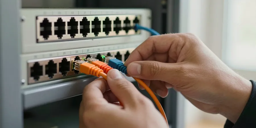 A hand seating a patch cable in a neatly labelled network rack