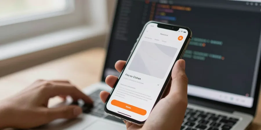 A hand checking a website on a phone beside a laptop with code